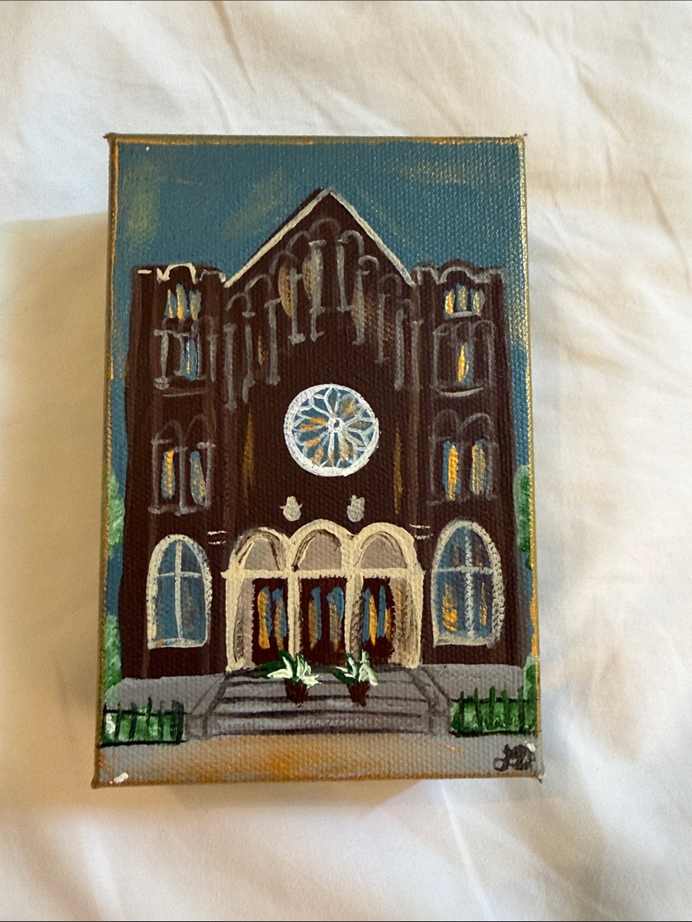 Hand-Painted Church Canvas Art in Brown and Blue